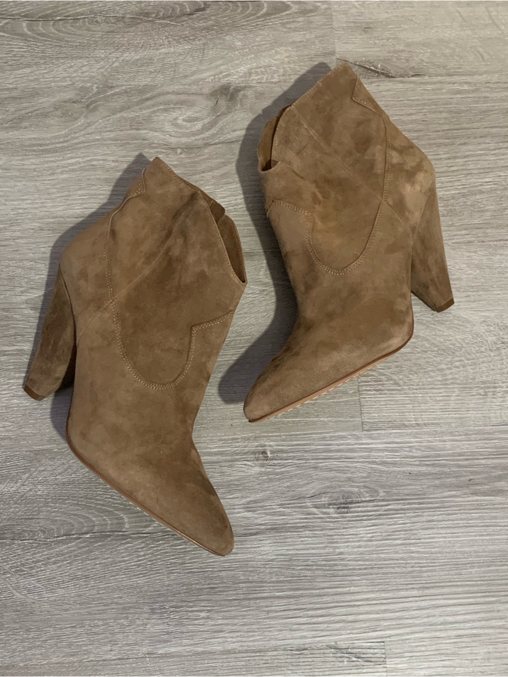 Vince Camuto “Movinta” Taupe Suede Pointed Western Ankle Booties